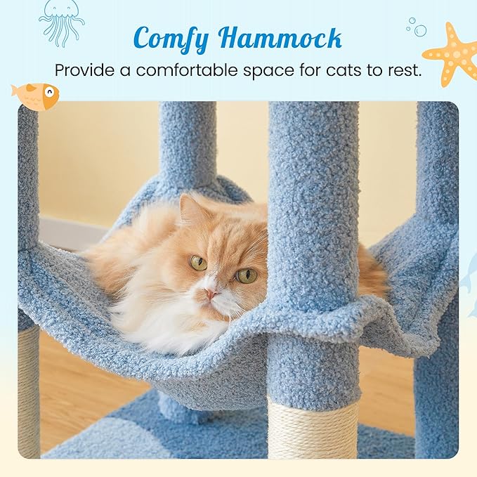 MWPO Ocean-Themed Cat Tree for Indoor Cats, 63.8 Inches Multi-Level Tower with Sisal-Covered Scratching Posts, Padded Platform, Hammock, Dangling Toys, Stable Condo Pet Play House, Blue