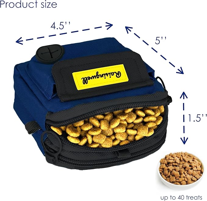 Dog Treat Pouch for Pet Walking and Training with Clicker, Poop Bags and Three Bags Design Small Fanny Zipper Pack Holder for Puppy Snack Dispenser Kit for Leash and Outdoor Use (Blue)