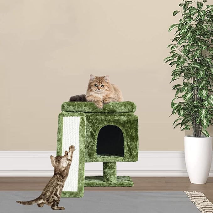 YANDLVY Small Cat Tower for Cats, Cute Cat Tree for Indoor Cats, Kittens Condo with Scratching Post and Board, Cat Cave, Modern Cat Activity House with Plush Perch (Green)