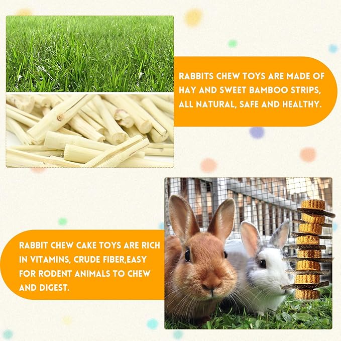 kathson Natural Small Animal Chew Toys for Teeth,4 PCS Rabbit Hanging Chewing Treats with Natural Organic Apple Stick Timothy Grass Carrot Cake for Hamsters Squirrel Guinea Pig Rabbits