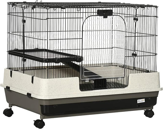 PawHut 26" Small Animal Cage with Wheels, 2-Level Portable Bunny Cage, Chinchilla Ferret Cage with Removable Tray, Platform and Ramp