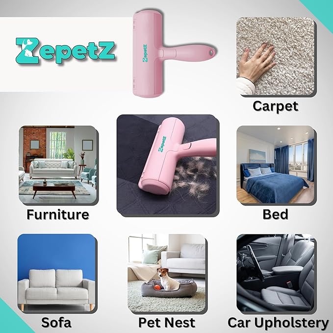 Pet Hair Removal Tool – Reusable Lint Roller for Dogs & Cats – Self-Cleaning Fur Remover Brush – Ergonomic Lint Roller for Carpet, Bedding, Couch, Car Seat & More (Pink)