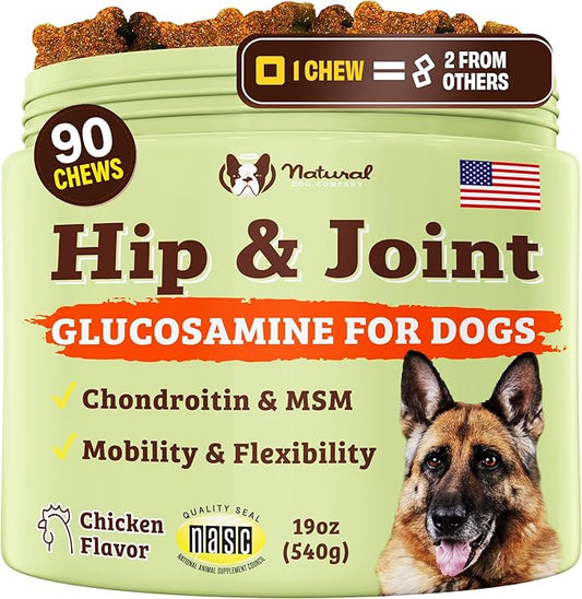 Natural Dog Company Hip & Joint Chews, Chicken Liver & Turmeric Flavor, with Glucosamine Chondroitin for Dogs, Maintains Bone and Joint Health, Supplements for Seniors and Puppies, 90 Count