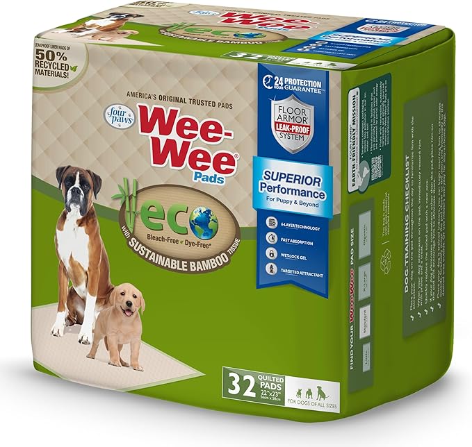 Four Paws Wee-Wee Superior Performance Bamboo Pee Pads for Dogs, Earth Friendly Dog & Puppy Potty Training Pads, Crate Liners, Housebreaking Supplies, 22" x 23" (32 Count)