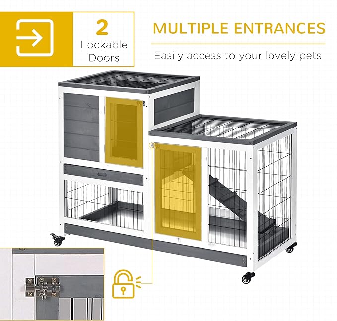 PawHut Wooden Rabbit Hutch Elevated Bunny Cage Indoor Small Animal Habitat with Enclosed Run with Wheels, Ramp, Removable Tray Ideal for Guinea Pigs, Grey