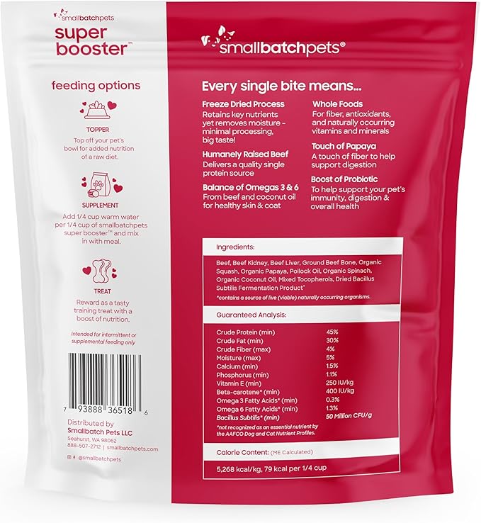 Smallbatch Freeze Dried Dog Treats, Superfood Food Topper Beef Bites for Dogs & Cats, Probiotics, Organic Ingredients, High Protein, Grain Free Healthy Treat Food Topper, Made in The USA, 18 oz Bag