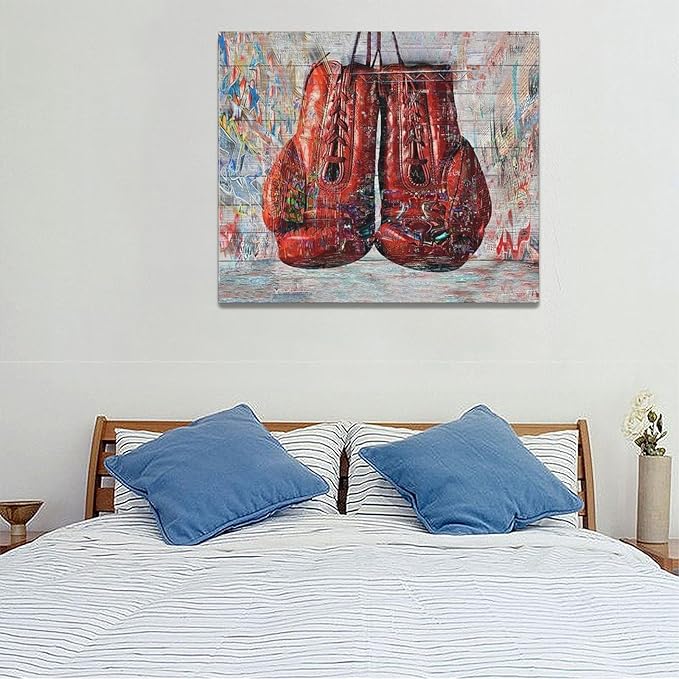 Quorin Banksy Graffiti Boxing Wall Art Red Boxing Gloves Pictures Gym Sport Wall Decor Canvas Print Painting Artwork for Gym Living Room Bedroom 20"x24"