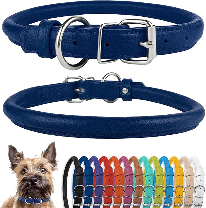 CollarDirect Rolled Leather Dog Collar, Soft Padded Round Puppy Collar, Handmade Genuine Leather Collar Dog Small Large Cat Collars 13 Colors (6-7 Inch, Deep Blue Textured)