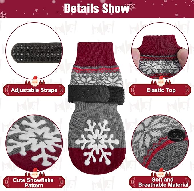 BEAUTYZOO Christmas Winter Anti-Slip Dog Socks with Grips Traction Control for Small Medium Large Dogs, Non Skid Indoor Double Side Pet Paw Protector for Hardwood Floor Wear, Snowflake M