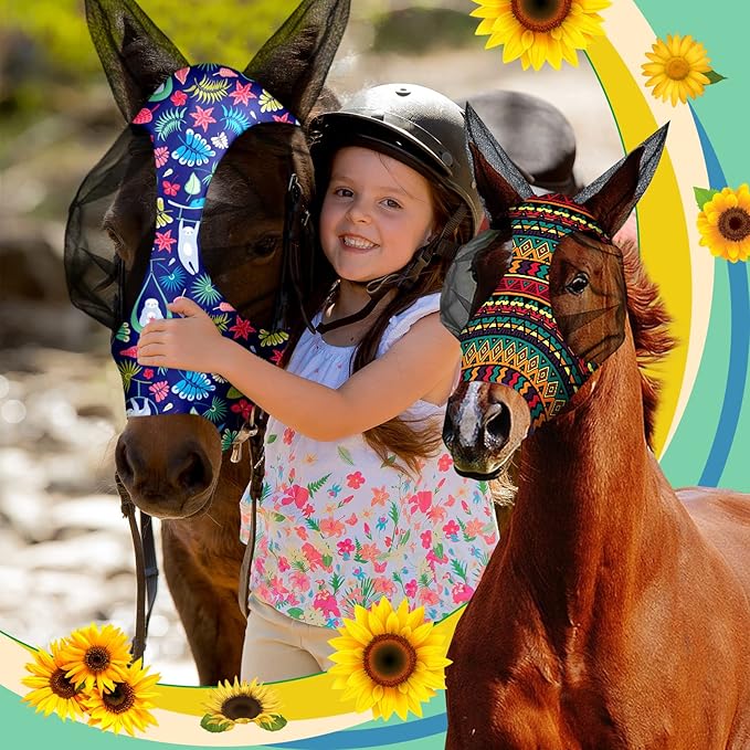 Frienda 4 Pieces Horse Fly Masks with Ears Face Covering UV Protection from Insect Pests Elasticity Smooth Comfortable Mesh Horse Mask Accessories(Geometric,Medium)