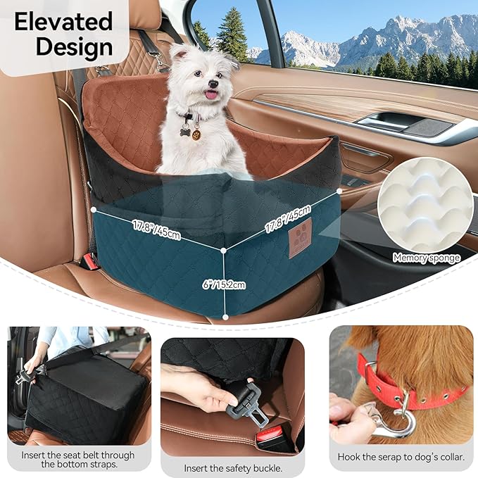 Dog Car Seat for Small/Medium Dogs, Dog Booster Car Seats with Thick Cushion for Dogs Under 35lbs, Detachable Washable Pet Car Seat with Storage Pockets, 2 Safety Belts(Black/Brown)