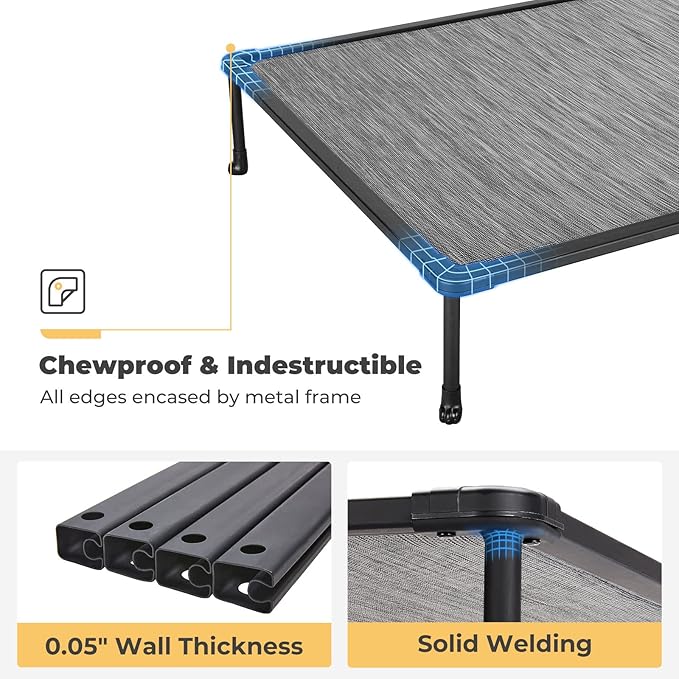 Veehoo Chewproof Elevated Dog Bed - Cooling Raised Pet Cot, Breathable Mesh, Washable & Non-Slip for Large Dogs, Indoor/Outdoor, Black Silver Mat and Black Frame, 42x30inches (Model CWC2203A03)