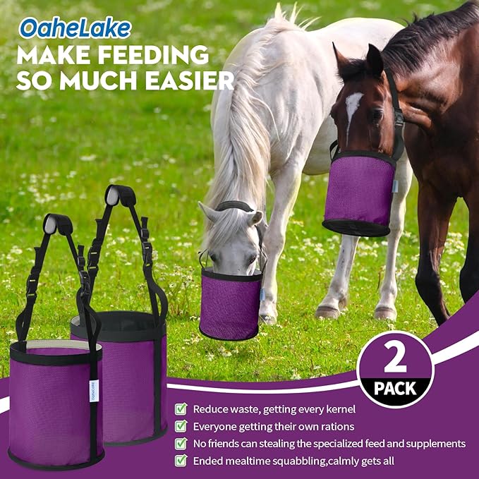 Horse Feed Bag 2 Pcs, Mesh Feed Bags for Horses, Muzzle Feedbag for Feeding Grain, Anti-Spill Design Feeder, Soft Neck Pad Nose Pad, Universal Fit (Purple, Pack of 2)