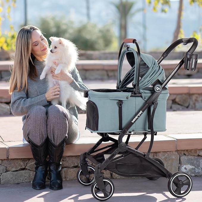 T3 3-in-1 Small Pet Stroller for Dog & Cats, 4 Wheels with Detachable Carrier with Pad, Canopy and Cup Holder (Green)