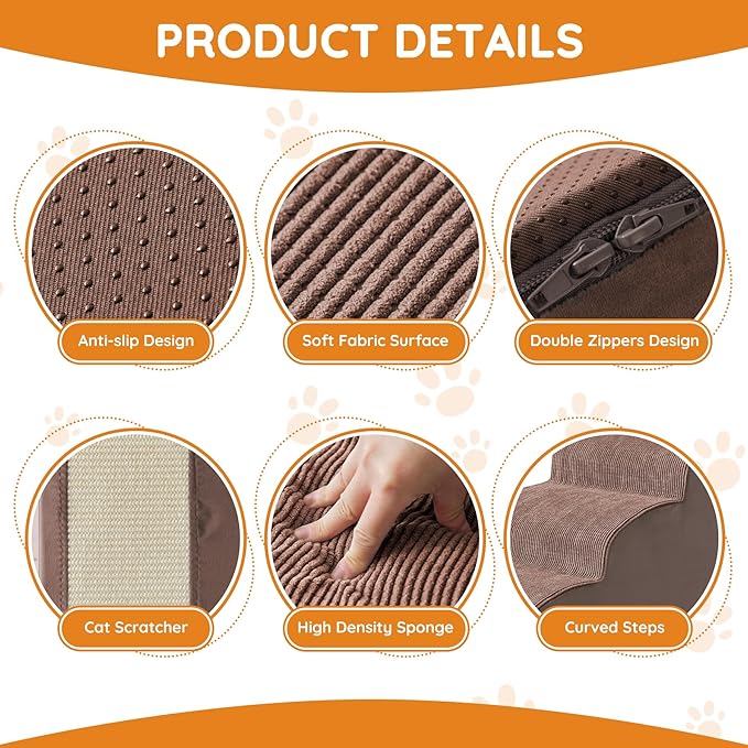 Dogs Steps for Bed, Dog Stairs for Small Dogs, 4-Step Dog Ramp for Bed, Couch, Sofa, and Chairs, Non-Slip Bottom Design, Cat Scratching, High Density Foam Portable Pet Step, Indoor, Coffee