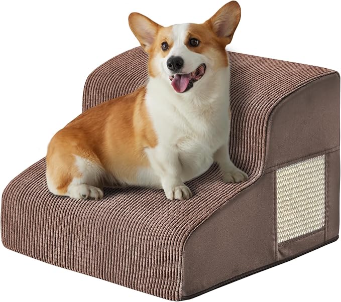 Dogs Steps for Bed, Dog Stairs for Small Dogs, 2-Step Dog Ramp for Bed, Couch, Sofa, and Chairs, Non-Slip Bottom Design, Cat Scratching, High Density Foam Portable Pet Step, Indoor, Coffee