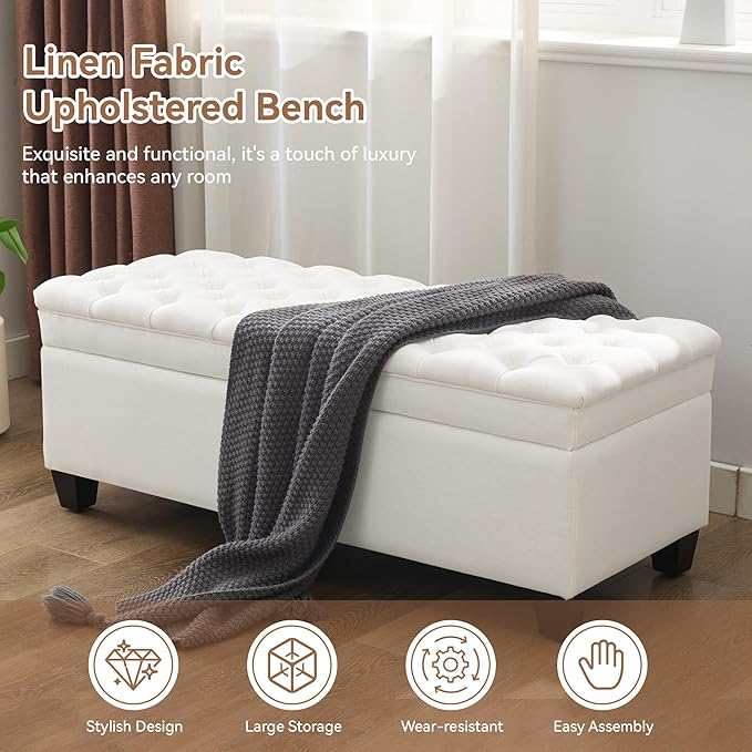 51" Fabric Storage Ottoman Bench, Upholstered Rectangle End of Bed Storage Ottoman Tufted Living Room Bedroom Bench with Safety Hinge, Solid Wood Legs, Loads 500 lb(Beige)