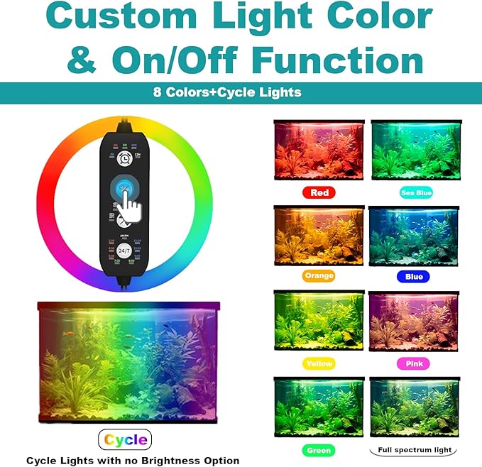Submersible Aquarium Light for 16 to 27 Inch Fish Tank, 24/7 Cycle Fish Tank Light with Timer, Aquarium Plant Light with Full Spectrum+7 Single Colors, Auto On/Off, Adjustable Brightness