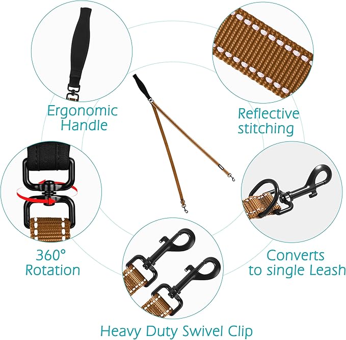 PetBonus Two Point Control Dog Leash, Works with No Pull Harnesses, No Tangle Dog Training Leashes, No Pull Padded and Reflective Walking Lead, Converts to Single Leash for Medium Large Dogs (Brown)