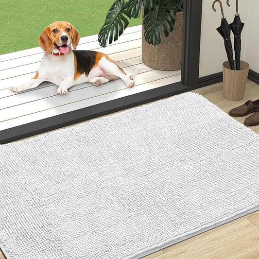 OLANLY Dog Door Mat for Muddy Paws 47x32, Absorbs Moisture and Dirt, Absorbent Non-Slip Washable Doormat, Quick Dry Chenille Mud Mat for Dogs, Entry Indoor Entryway Carpet for Inside Floor, White
