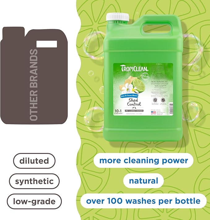TropiClean Deshedding Dog Conditioner, Professional Conditioner, Reduces Shedding & Softens Coat, Puppy Safe, Lime & Cocoa Butter Scent, 2.5 Gallon
