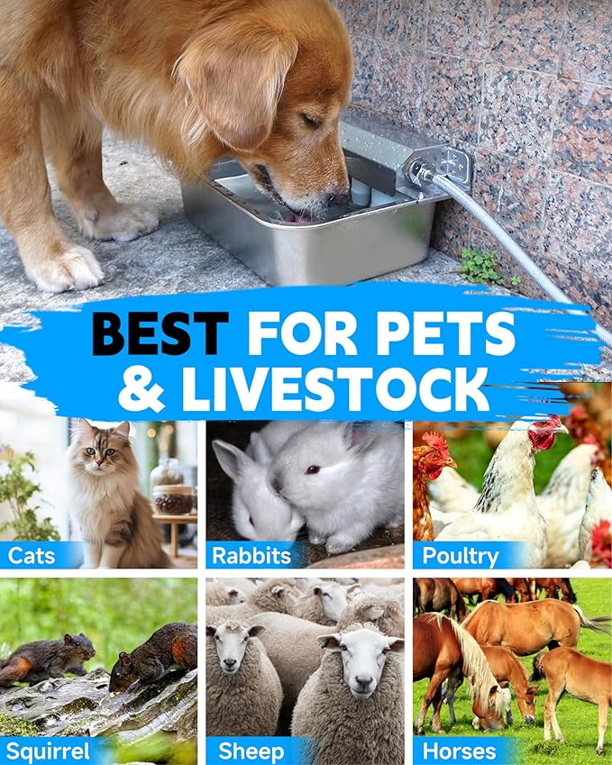 Automatic Dog Water Dispenser, 2 Gallons 304 Stainless Steel Dog Water Bowl for Indoor/Outdoor, Large Water Bowl for Pets & Livestock, Anti Tip, Wide Mouth, Water Auto Fill, Fit GHT 3/4" Faucet