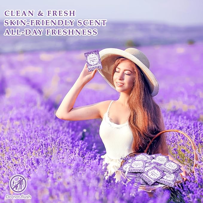 Tondiamo 200 Pcs Feminine Wet Wipes for Women Individually Wrapped Flushable Wipes Travel Size Soothing Personal Wipe Cleansing Natural Ingredients for Feminine Daily Use(Lavender)
