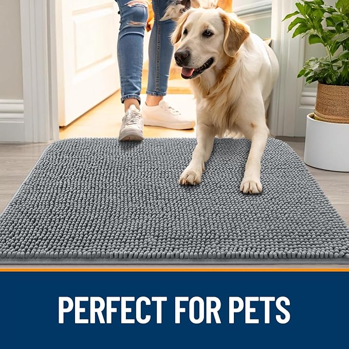 OLANLY Dog Door Mat for Muddy Paws 54x32, Absorbs Moisture and Dirt, Absorbent Non-Slip Washable Doormat, Quick Dry Chenille Mud Mat for Dogs, Entry Indoor Entryway Carpet for Inside Floor, Grey
