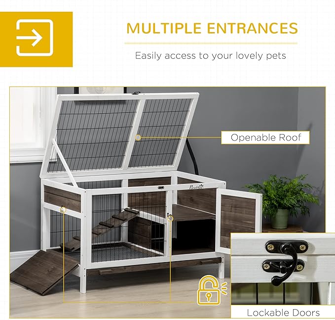 PawHut Wooden Rabbit Hutch, Indoor Elevated Guinea Pig Cage with Run, Ladder, Lockable Doors and Removable Tray, Coffee