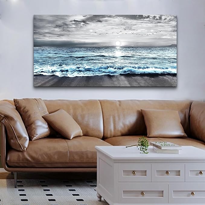 Lapremoly Large Canvas Wall Art For Living Room Wall Decor For Bedroom Office Wall Decorations Black And White Beach Wall Painting Blue Ocean Sea Wave Pictures Stretched and Framed Modern Artwork