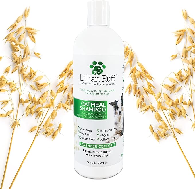 Lillian Ruff Calming Oatmeal Pet Shampoo for Dry Skin & Itch Relief with Aloe & Hydrating Essential Oils - Replenish Moisture & Deodorize - Tearless Dog Shampoo for Normal/Sensitive Skin (16oz)