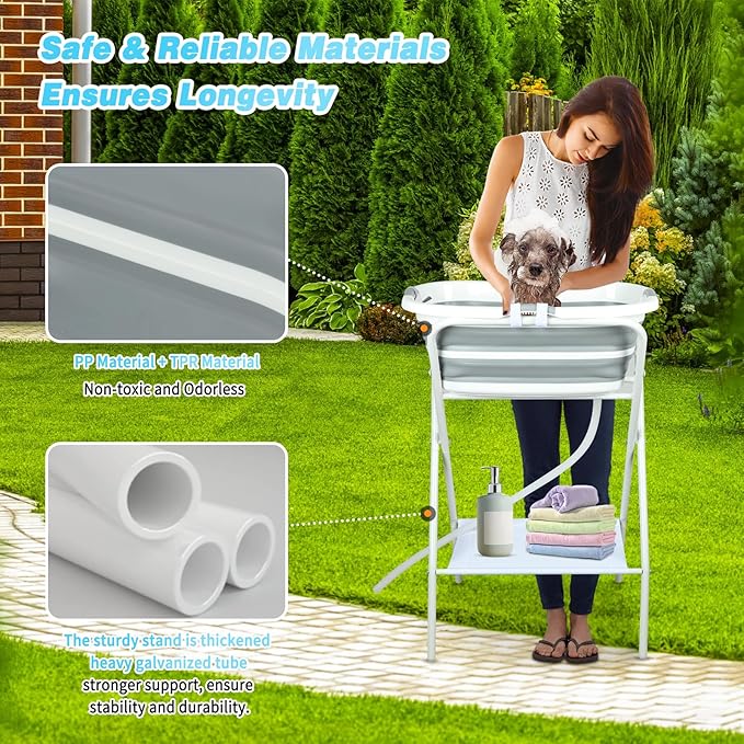 FHTONGE Elevated Dog Bathtub Grooming Station with Drain Adjustable Collar, 2 in 1 Collapsible Dogs Beautify Bathtub Portable Pet Washing Station, Pet Tub for Small Medium Dog Cat Shower Hairdressing