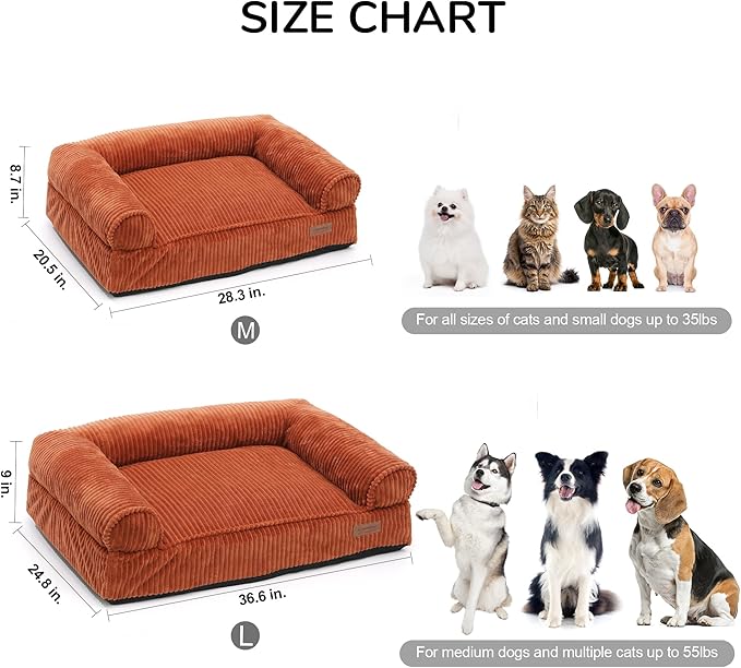 FUKUMARU Dog Couch Bed, Corduroy Cozy Cat Bed for Indoor Cats with Washable Cover, Supportive Waterproof Dog Beds Sofa for Small Dogs and Large Cats Cute, 28inch, Medium, Orange