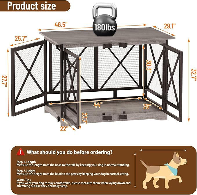 COZPAW Large Dog Crate Furniture - 48 inch Heavy Duty Dog Kennel Indoor for XLarge Breed with Double Doors, Wooden Dog Cage XL Modern Decorative End Table Pet House (Gray)