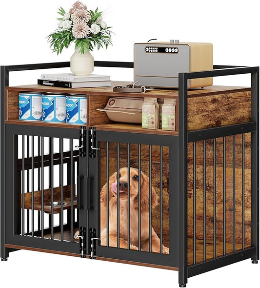 Large Dog Crate Furniture, 41 Inch Wooden Dog Crate, Heavy Duty Dogs Kennel with 2 Drawers Storage, 360° Adjustable Raised Feeder, Indoor Dogs House End Table