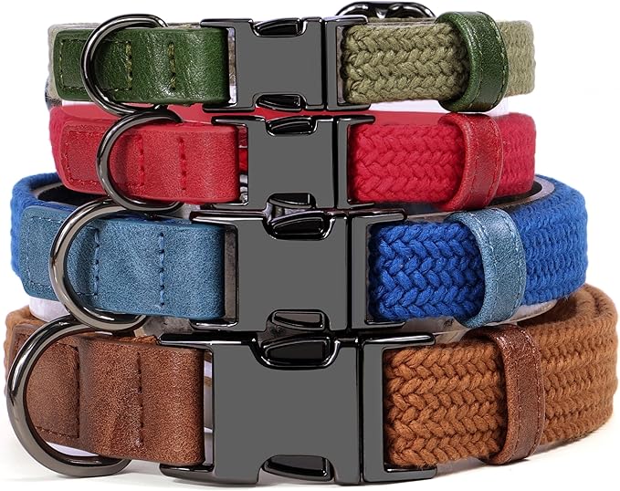 PET ARTIST Soft Cotton Dog Collars for Small Dogs in Rustic Brown, Simple Dog Collar with Quick Release Metal Buckle & D Ring, S Size (10-16")