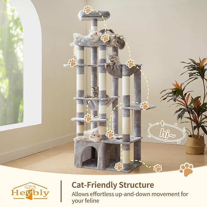 Heybly Heavy Duty Cat Tree, 71-Inch Tall Tower for Large Maine Coon with Extra-Large Baseboard, Cat Condo Furniture with Multi-Level Platforms, 2 Hammocks and 12 Scratching Posts, Light Gray HCT037W