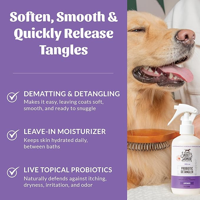Skout's Honor Pet Detangler Spray - Hydrating & Conditioning with Avocado Oil & Probiotics, 97% Natural, Paraben & Sulfate-Free, softens for a More brushable Coat, Daily Use, 8oz, Lavender, 2-Pack