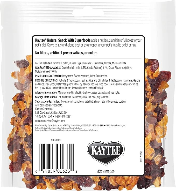 Kaytee Natural Snack with Superfoods for Pet Guinea Pigs, Rabbits, Hamsters, and Other Small Animals, Sweet Potato & Cranberry, 3 Ounces (Pack of 2)