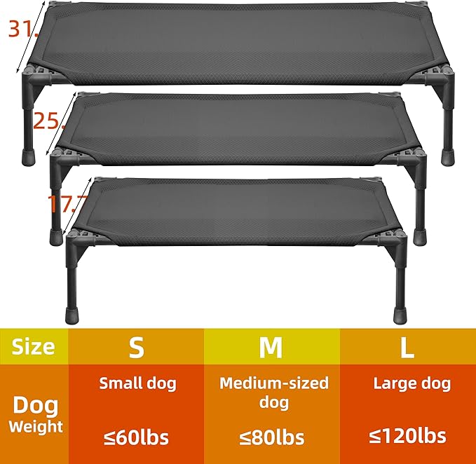 Soft Mesh Elevated Pet Bed for Large Medium Dogs Outdoor Resting Cot with Water-Resistant, Air-Permeable, Cooling and Anti-Skid Portable Dog Bed, Up to 120 lbs, 43.2" L x 31" W x 7.5" H, Black