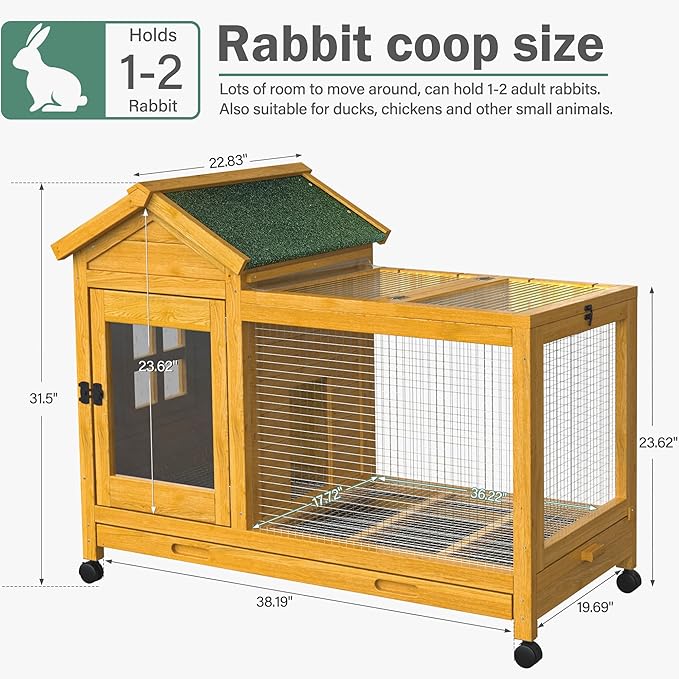 Wooden Rabbit Hutch with Waterproof Roof,Outdoor/Indoor Bunny Cage with Removable Slide-Out Bottom Tray, Chewproof Rabbit cage for Small-Medium Animals (Guinea Pigs, Hedgehogs)