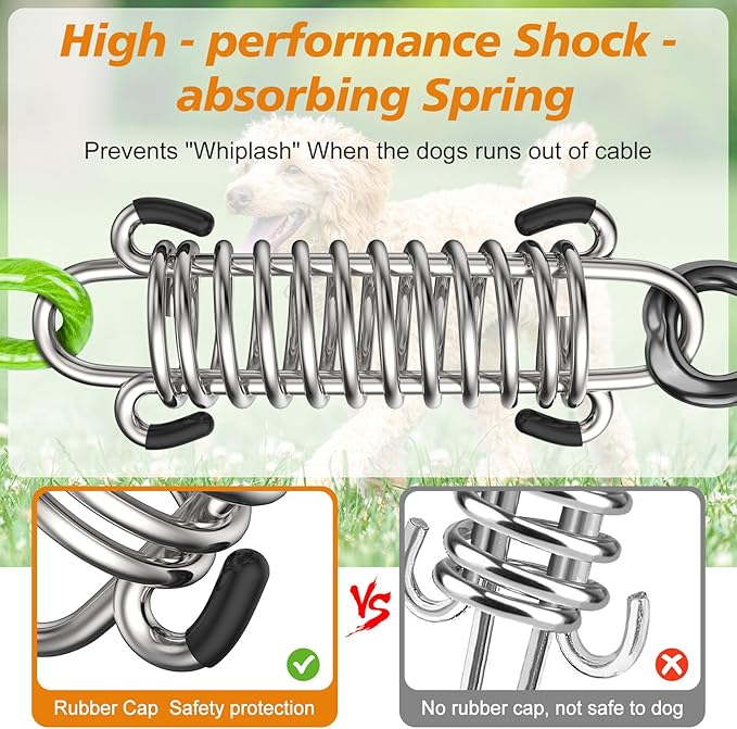 Tresbro 40 FT Dog Tie Out Cable with Spring, Shock Absorbing Tether Chains for Outside Aavilable in 10/15/20/25/30/40/50/70/100/120 FT, Heavy Duty Leads for Yard for Medium & Large Dogs Up to 500 LBS