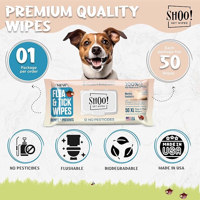 Shoo! Flea & Tick Wipes for Dogs | Convenient, Easy On-The-Go Protection | Plant Based, Natural Oils, Chemical Free | Repels & Prevents | 50 XL Wipes | (Morning Freshness)