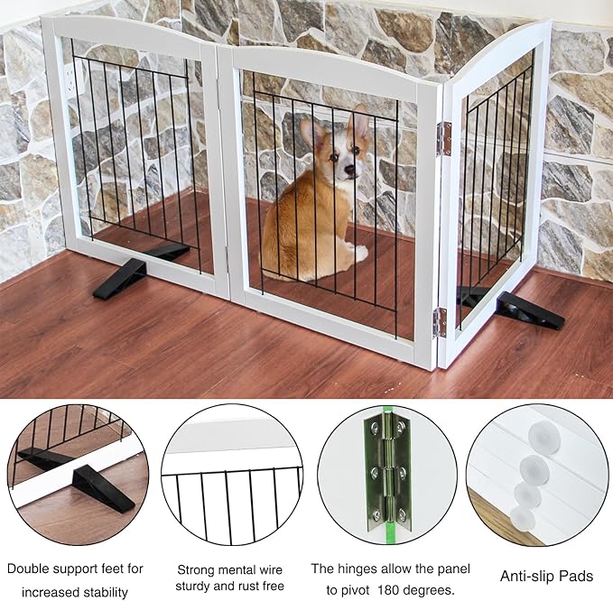 ZJSF Freestanding Dog Fence Indoor, Foldable Dog Gate for Doorways, Stairs or Hallways, Sturdy Wood Extra Wide Pet Gate with Support Feet for The House, White, 32 "Height-3 Panels