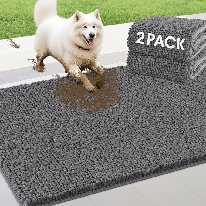 IM HOME 2 Pieces Muddy Door Mats for Dogs, Chenille Absorbent Pet Mats, Quick Dry, Trap Dirt Non Slip Heavy Indoor Doormat Soft Dog Bed Mat Front Inside Door Mat for Indoor Outdoor Entrance,Grey