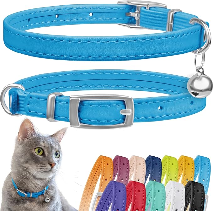 CollarDirect Leather Cat Collar with Bell - Kitten Collar, Small and Big Cat for Boy Cats, Girl Cats with Safety Elastic Strap (Neck Fit 6"-7", Light Blue)