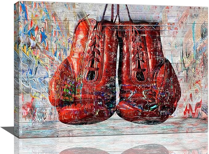 Quorin Banksy Graffiti Boxing Wall Art Red Boxing Gloves Pictures Gym Sport Wall Decor Canvas Print Painting Artwork for Gym Living Room Bedroom 16"x24"