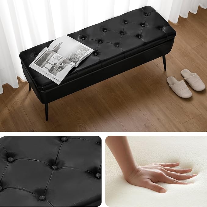 Leather Storage Ottoman Bench,End of Bed Bench for Living Room Bedroom Dinning Room Entryway,Mid-Century Modern,Faux Leather,with Steel Legs,Safety Hinges, Loads 660 lb (with Button, Black)