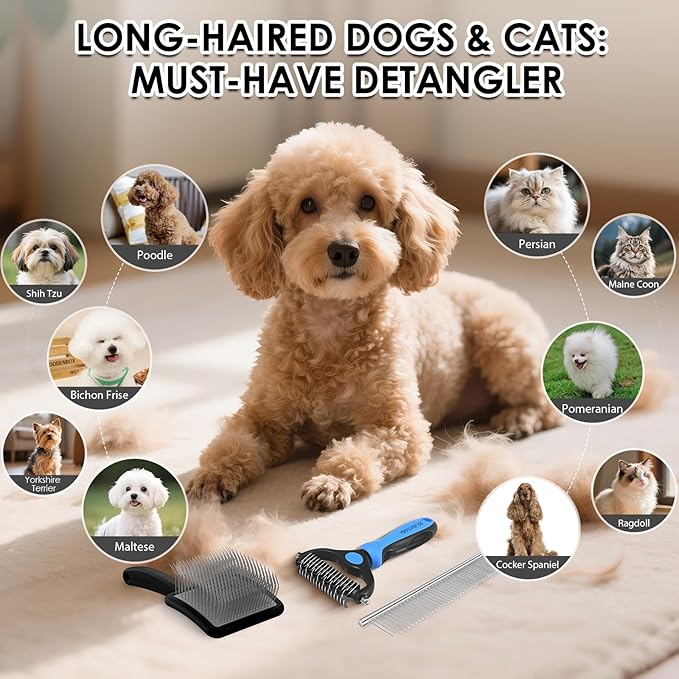 Large Slicker Brush for Dogs - 3PC Pet Grooming Kit - Undercoat Rake & Stainless Comb | Long Pins Remove Mats on Poodles, Golden, Labradoodles | Thick Coat Deshedder for Dogs, Cats, Black