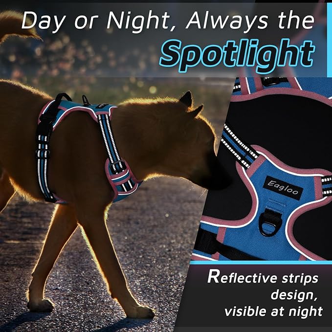 Eagloo Dog Harness for Large Dogs, No Pull Service Vest with Reflective Strips and Control Handle, Adjustable and Comfortable for Walking, No Choke Pet Harness with 2 Metal Rings, Pink & Blue, XL